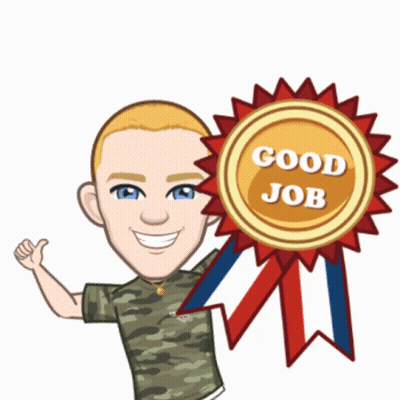 A Man In A Camo Shirt Holds Up A Good Job Ribbon GIF