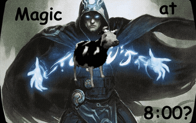 A Man In A Cape Holding A Sheep With The Words Magic At 8:00 GIF