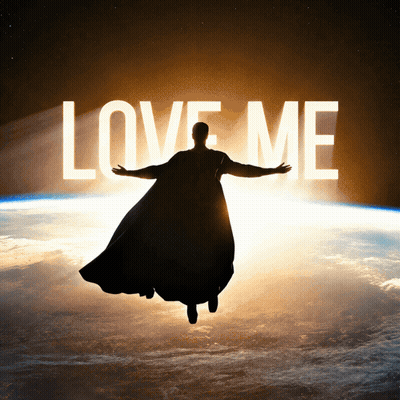 A Man In A Cape Is Flying Over The Earth And The Words Love Me Are Behind Him GIF