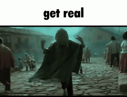 A Man In A Cape Is Walking Down A Cobblestone Street With The Words " Get Real " Above Him GIF