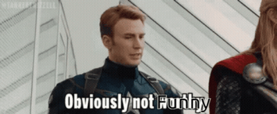 A Man In A Captain America Costume Says Obviously Not Funny GIF