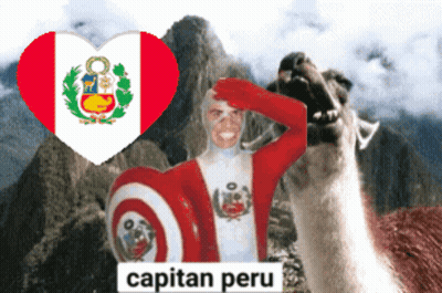 A Man In A Captain Peru Costume Salutes While A Llama Looks On GIF