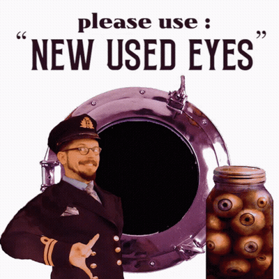 A Man In A Captain 'S Uniform Is Standing Next To A Jar Of Eyes GIF