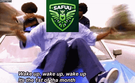 A Man In A Car With The Words Wake Up Wake Up Wake Up Its The 1St Of The Month On The Bottom GIF