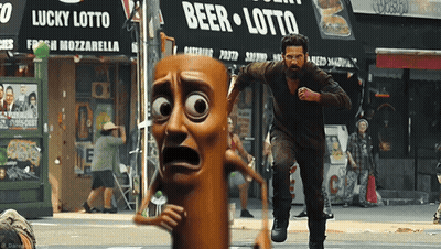 A Man In A Cartoon Costume Is Running Away From A Sausage Man In Front Of A Beer Lotto Store GIF
