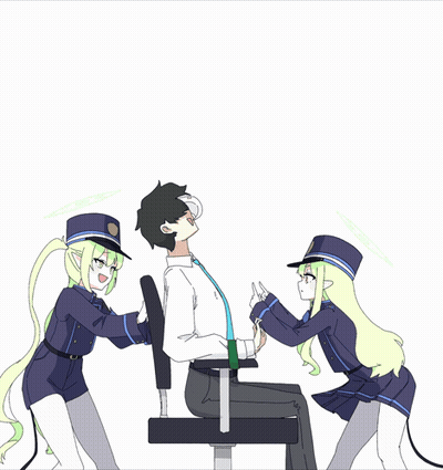 A Man In A Chair Is Surrounded By Two Girls In Uniform GIF