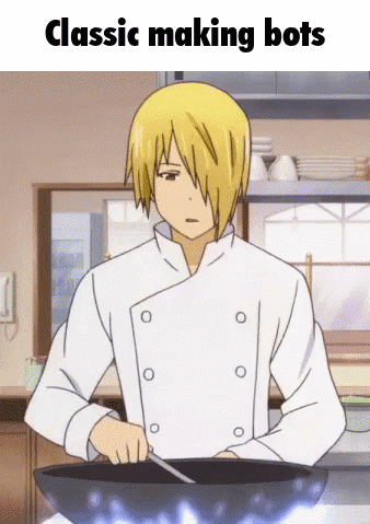 A Man In A Chef 'S Coat Is Cooking In A Frying Pan With The Words Classic Making Bots Below Him GIF