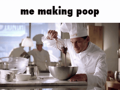 A Man In A Chef 'S Hat Is Pouring Chocolate Into A Bowl And The Caption Says Me Making Poop GIF