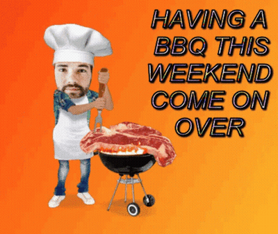 A Man In A Chef 'S Hat Is Standing Next To A Grill With A Large Piece Of Meat On It GIF
