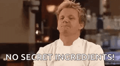 A Man In A Chef 'S Uniform Is Making A Funny Face And Says `` No Secret Ingredients ! '' GIF