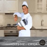 A Man In A Chef 'S Uniform Is Pouring Something Into A Pot . GIF
