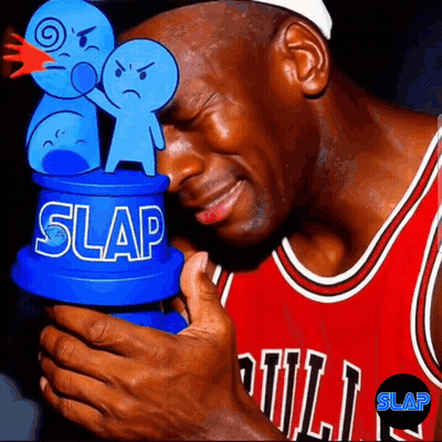 A Man In A Chicago Bulls Jersey Holds A Trophy That Says Slap On It GIF