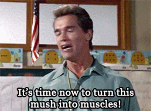 A Man In A Classroom Says " It 'S Time Now To Turn This Mush Into Muscles " GIF