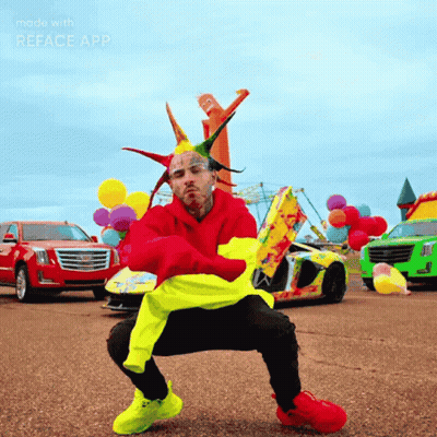 A Man In A Clown Costume Is Squatting In Front Of Cars And Balloons With The Words Made With Reface App Below Him GIF