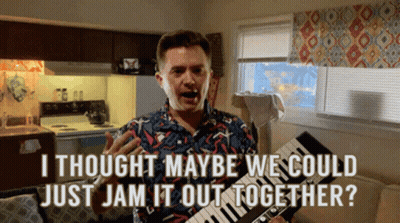 A Man In A Colorful Shirt Is Holding A Keyboard And Says " I Thought Maybe We Could Just Jam It Out Together " GIF