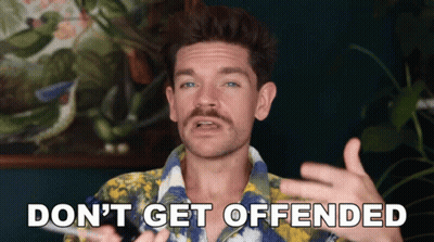 A Man In A Colorful Shirt Says " Don 'T Get Offended " GIF