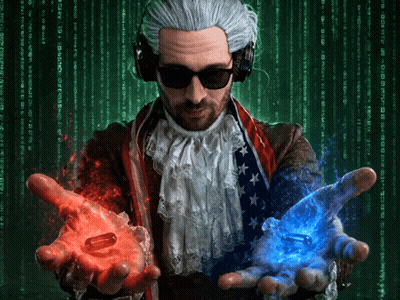 A Man In A Costume Holds A Red And Blue Pill In His Hands GIF