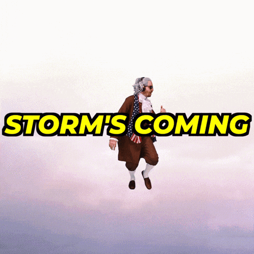 A Man In A Costume Is Flying In The Air With The Words Storm 'S Coming Above Him GIF