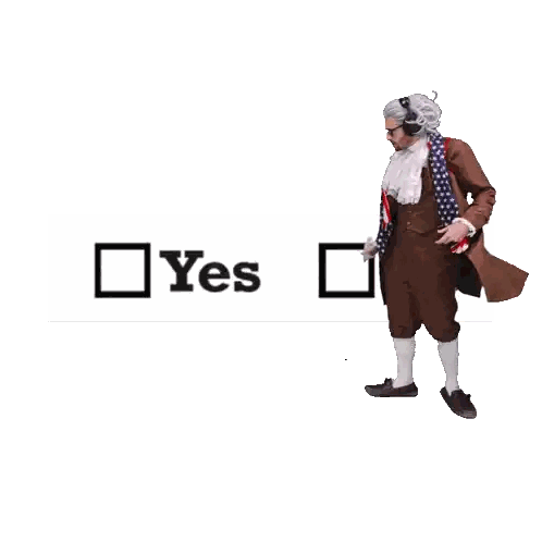 A Man In A Costume Is Standing In Front Of A Sign That Says Yes Sticker