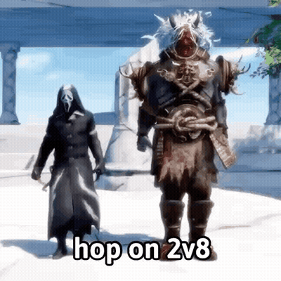 A Man In A Costume Is Standing Next To Another Man In A Costume And Says `` Hop On 2V8 '' . GIF