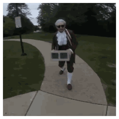 A Man In A Costume Is Walking Down A Sidewalk Carrying A Box Sticker