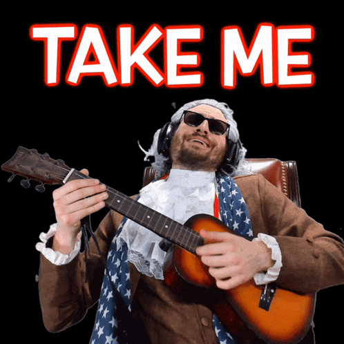 A Man In A Costume Playing A Guitar With The Words Take Me Behind Him GIF
