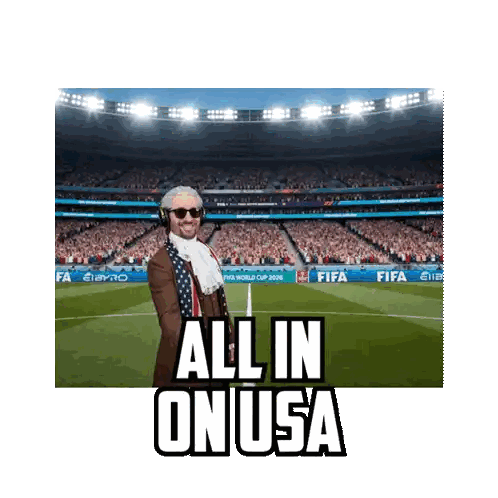 A Man In A Costume Stands On A Soccer Field With The Words All In On Usa Below Him Sticker