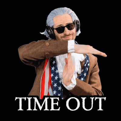 A Man In A Costume With Headphones And Sunglasses Has The Word Time Out Above Him GIF