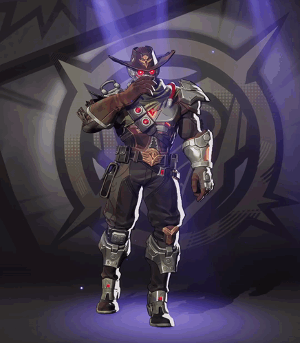 A Man In A Cowboy Hat And Armor Is Standing In Front Of A Purple Background GIF