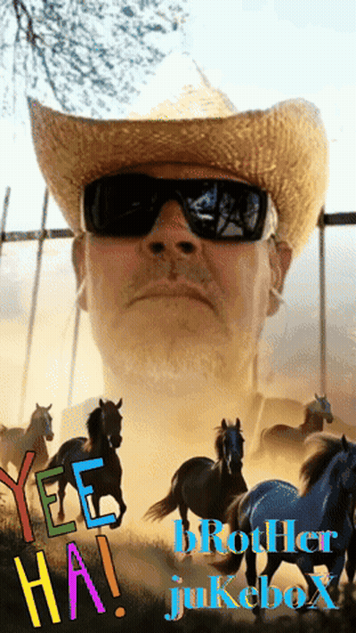 A Man In A Cowboy Hat And Sunglasses Stands In Front Of A Herd Of Horses With The Words Yee Ha Brother Jukebox GIF