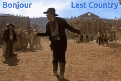 A Man In A Cowboy Hat Is Dancing In Front Of A Sign That Says " Last Country " GIF