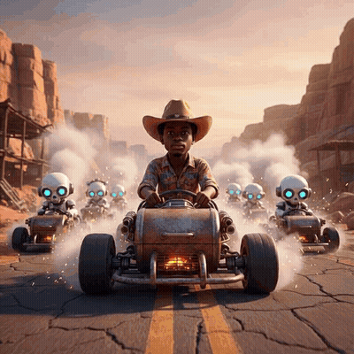A Man In A Cowboy Hat Is Driving A Go Kart With Robots Behind Him GIF