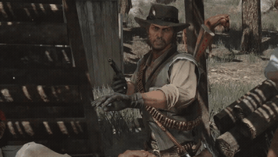 A Man In A Cowboy Hat Is Holding A Gun In A Video Game GIF