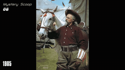 A Man In A Cowboy Hat Is Holding A Horse With The Year 1905 On The Bottom GIF