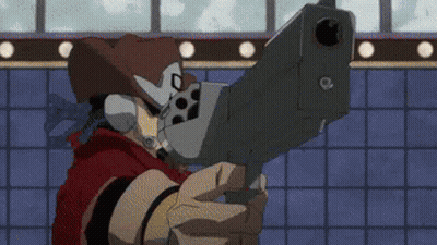 A Man In A Cowboy Hat Is Pointing A Gun At Someone . GIF