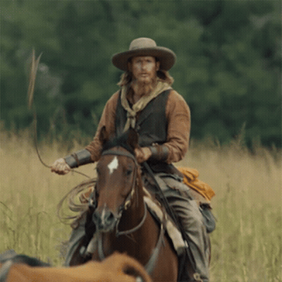 A Man In A Cowboy Hat Is Riding A Brown Horse GIF