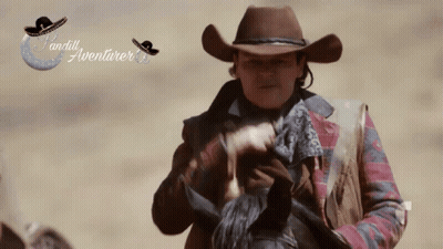 A Man In A Cowboy Hat Is Riding A Horse In Front Of A Banner That Says J'andilly Aventurer GIF