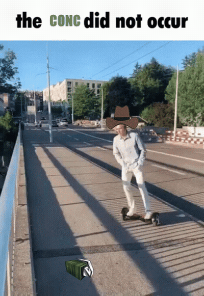 A Man In A Cowboy Hat Is Riding A Scooter On A Bridge With The Conc Did Not Occur Written Above Him GIF