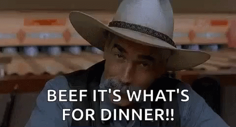 A Man In A Cowboy Hat Is Saying `` Beef It 'S What 'S For Dinner ! '' . GIF