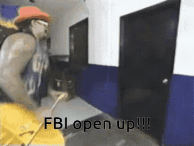 A Man In A Cowboy Hat Is Standing In A Hallway With The Words Fbi Open Up Written On It . GIF