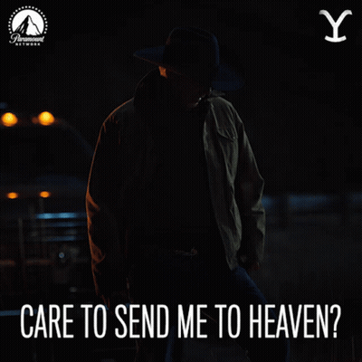 A Man In A Cowboy Hat Is Standing In The Dark With The Words Care To Send Me To Heaven GIF