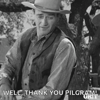 A Man In A Cowboy Hat Is Standing Next To A Tree And Says `` Well , Thank You Pilgrim '' . GIF