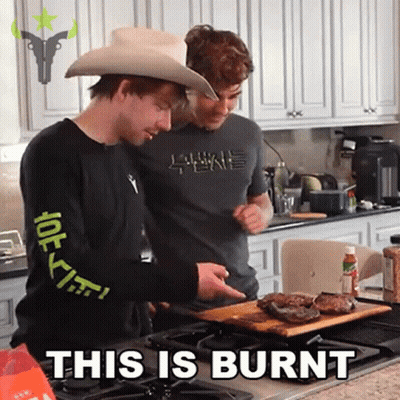 A Man In A Cowboy Hat Is Standing Next To Another Man In A Kitchen With The Words " This Is Burnt " Above Them GIF