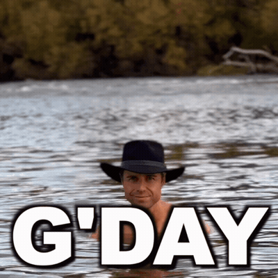 A Man In A Cowboy Hat Is Swimming In A Body Of Water With The Words G'day Written Above Him GIF