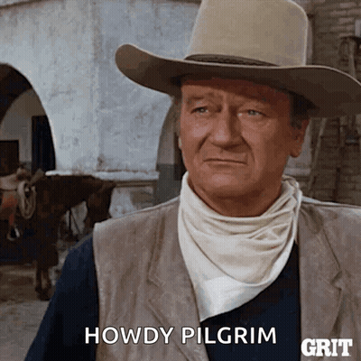 A Man In A Cowboy Hat Says Howdy Pilgrim In Front Of A Horse GIF
