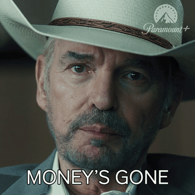 A Man In A Cowboy Hat Says Money 'S Gone In A Paramount Ad GIF