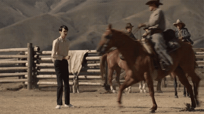 A Man In A Cowboy Hat Stands Next To A Horse GIF