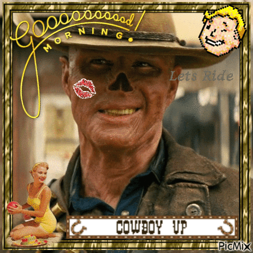 A Man In A Cowboy Hat With A Skull On His Face GIF