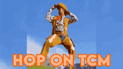 A Man In A Cowboy Outfit Is Jumping In The Air With The Words Hop On Tcm GIF
