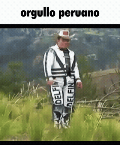 A Man In A Cowboy Outfit Is Standing In A Field With The Words Orgullo Peruano Above Him . GIF